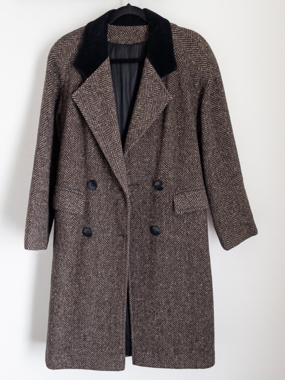 Vintage Goodman Manteau Wool Herringbone Coat Tweed Brown Black Velvet Collar